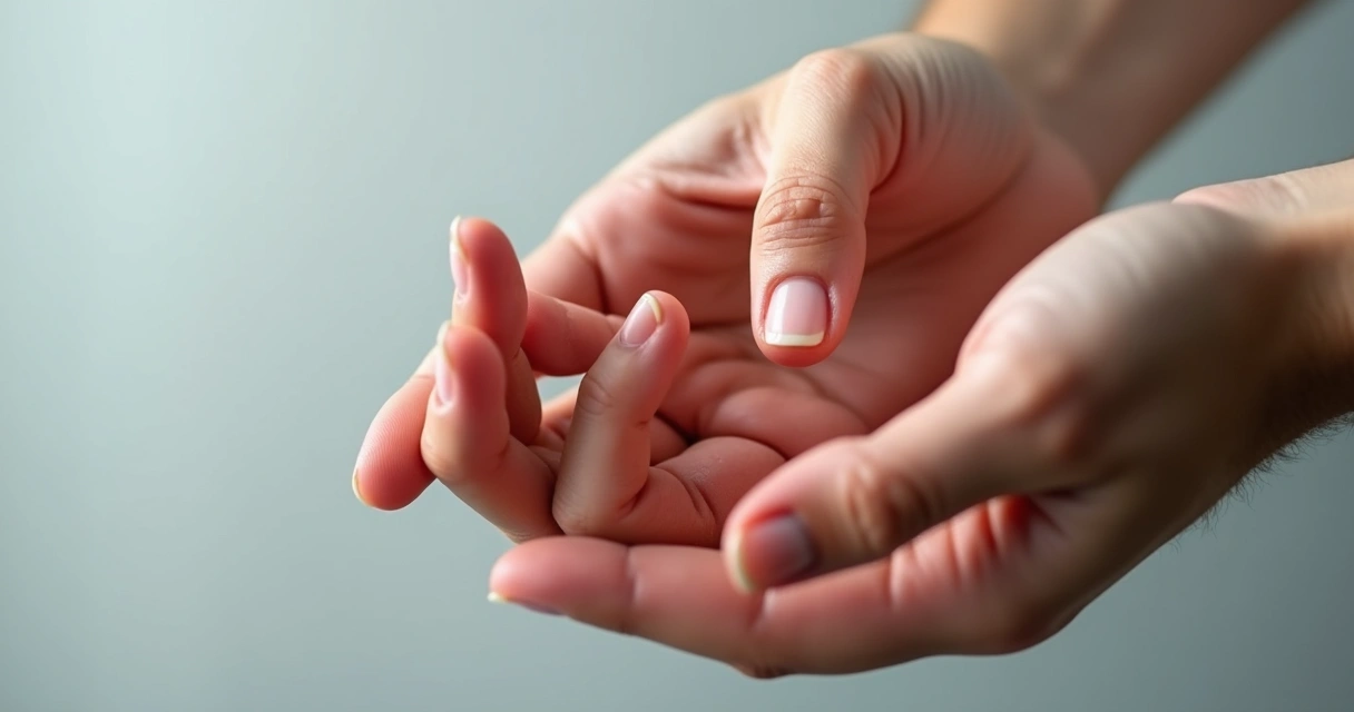Mãos mostrando dedo em gatilho com destaque para a articulação travada e inflamada